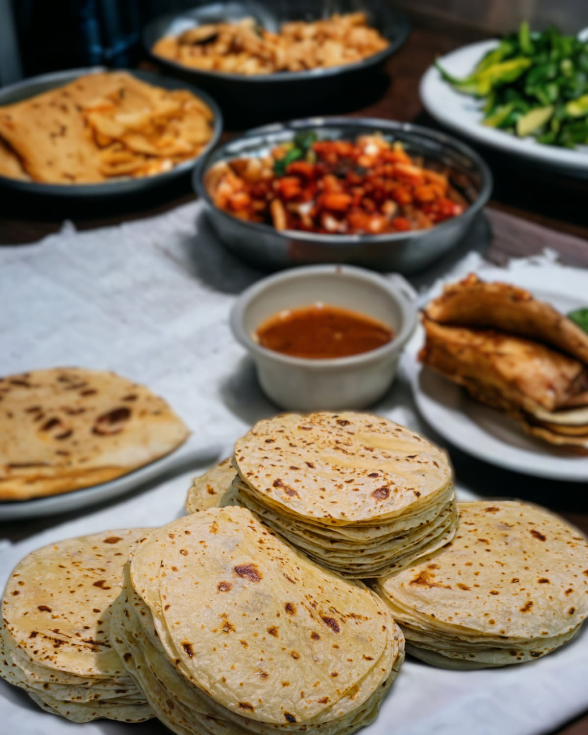 Pila de tortillas de harina de trigo Miltimex servidas con salsas y guisados